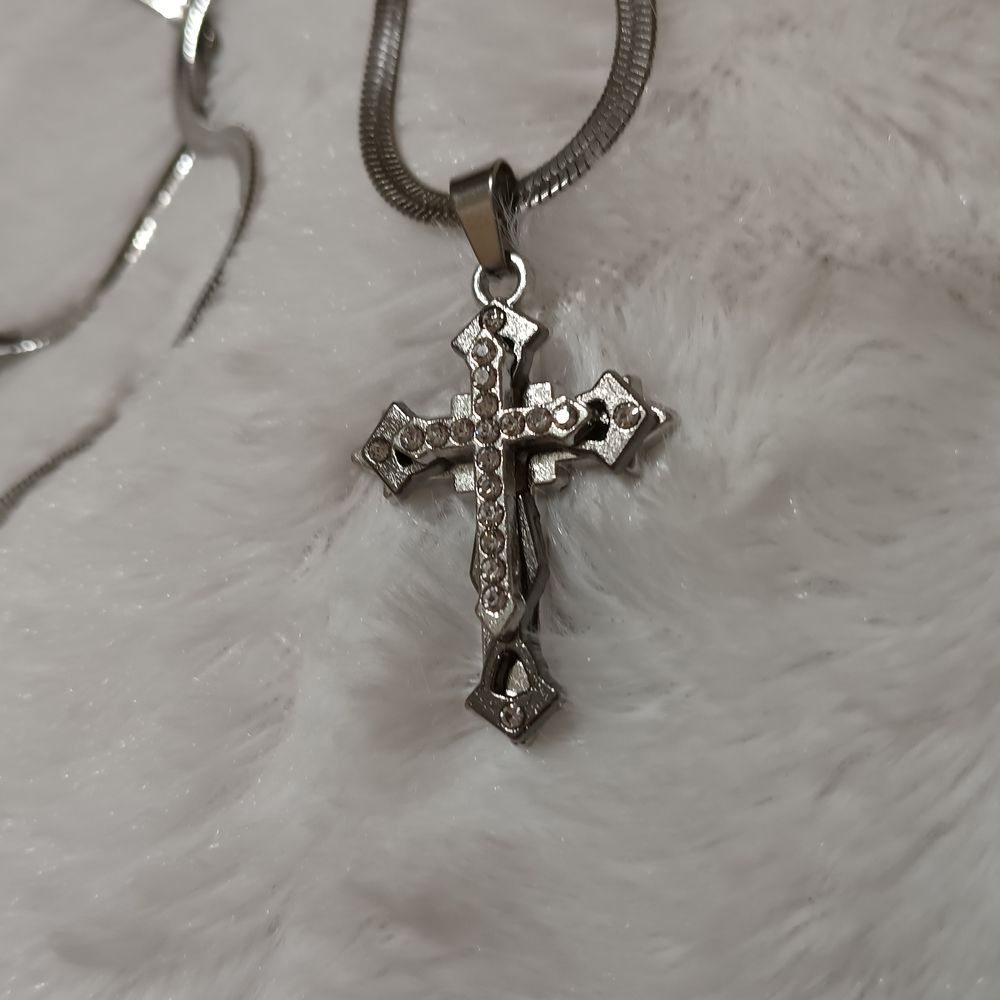 Silver Rhinestone Cross Necklace - Picture 7 of 7